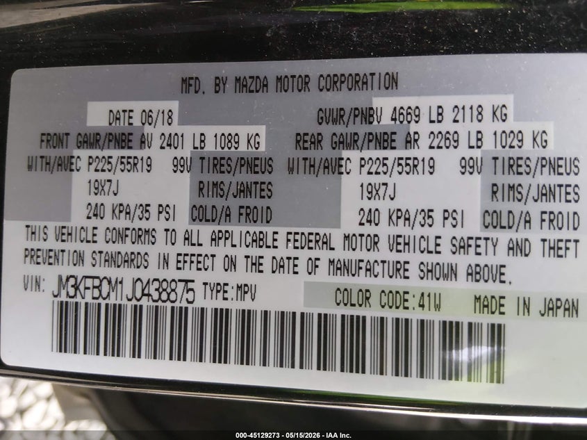 2018 Mazda Cx-5 VIN JM3KFBCM1J0438875 IAAI salvage auction — RIGHT FRONT, Salvage (Oregon), sold $2,650 on 2026-07-06 (photo 9)