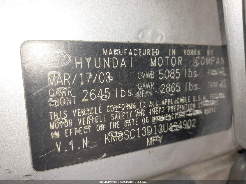 2003 Hyundai Santa fe VIN KM8SC13D13U494902 IAAI salvage auction — FRONT END, Clear (Missouri), sold $25 on 2026-07-27 (photo 9)