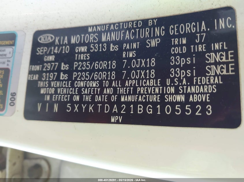 2011 Kia Sorento VIN 5XYKTDA21BG105523 IAAI salvage auction — NORMAL WEAR, Clear-Dealer Only (Arizona), sold $550 on 2026-07-28 (photo 9)