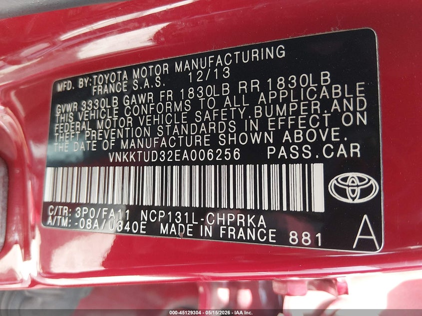 2014 Toyota Yaris VIN VNKKTUD32EA006256 IAAI salvage auction — NORMAL WEAR, Original (Kentucky), sold $1,000 on 2026-07-13 (photo 9)