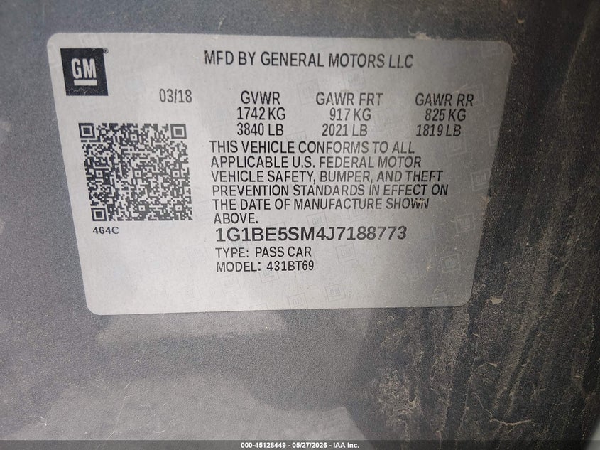 2018 Chevrolet Cruze VIN 1G1BE5SM4J7188773 IAAI salvage auction — HAIL, Salvage Title, sold $1,700 on 2026-07-28 (photo 9)