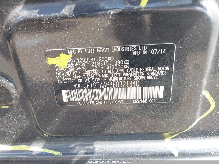 2014 Subaru Impreza VIN JF1GPAA63E8321340 IAAI salvage auction — SIDE, Original (Texas), sold $1,675 on 2026-07-22 (photo 9)