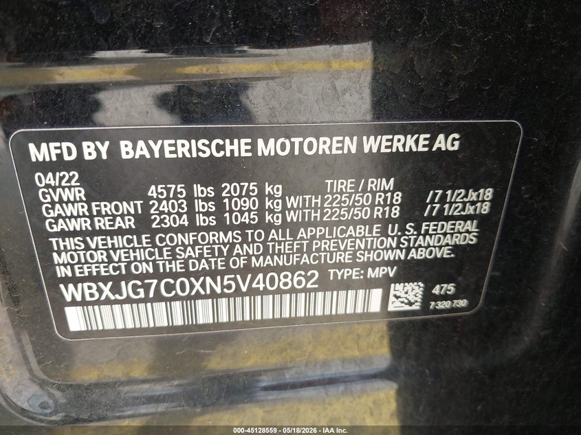 2022 BMW X1 VIN WBXJG7C0XN5V40862 IAAI salvage auction — FRESH WATER, Salvage Title, sold $8,675 on 2026-07-27 (photo 9)