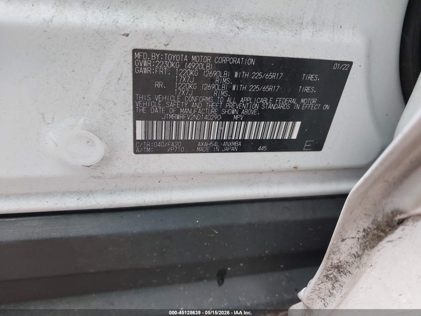 2022 Toyota Rav 4 VIN JTMRWRFV2ND140290 IAAI salvage auction — SIDE, Bill Of Sale (Washington), sold $10,850 on 2026-07-22 (photo 9)
