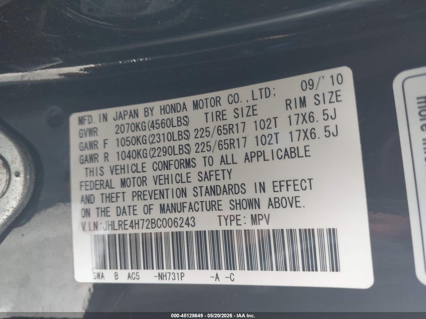 2011 Honda Cr-v VIN JHLRE4H72BC006243 IAAI salvage auction — UNKNOWN, Salvage (Iowa), sold $1,750 on 2026-07-28 (photo 9)