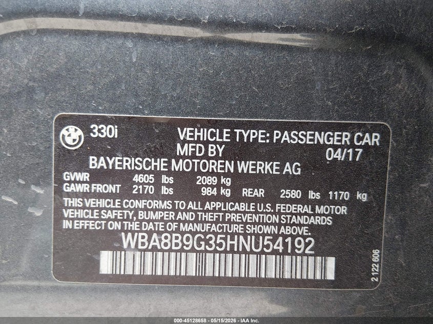 2017 BMW 3er VIN WBA8B9G35HNU54192 IAAI salvage auction — FRONT END, Original (Texas), sold $5,700 on 2026-07-16 (photo 9)