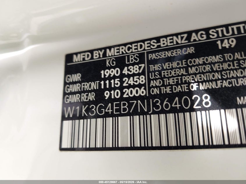 2022 Mercedes-benz A-klasse VIN W1K3G4EB7NJ364028 IAAI salvage auction — FRONT END, Original (Texas), sold $9,100 on 2026-07-22 (photo 9)