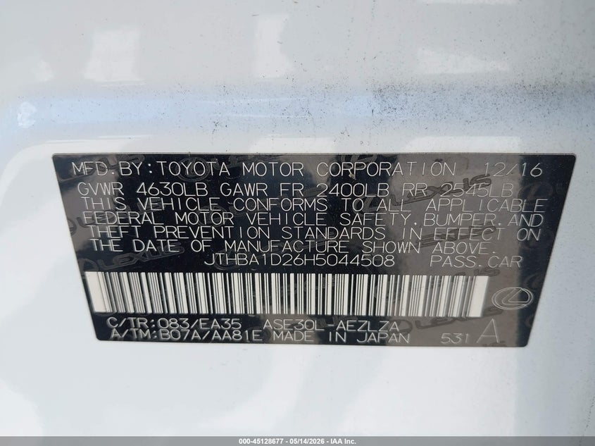 2017 Lexus Is VIN JTHBA1D26H5044508 IAAI salvage auction — FRONT END, Salvage (California), sold $5,900 on 2026-07-22 (photo 9)