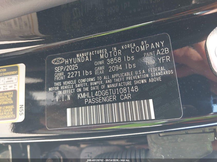 2026 Hyundai Elantra VIN KMHLL4DG6TU108148 IAAI salvage auction — FRONT END, Certificate Of Destruction (Florida), sold $5,050 on 2026-07-07 (photo 9)