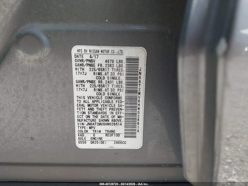 2017 Nissan Rogue VIN JN8AT2MV6HW026614 IAAI salvage auction — HAIL, Clear (Missouri), sold $1,100 on 2026-07-20 (photo 9)