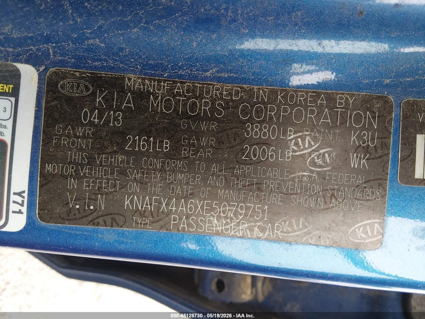 2014 Kia Forte VIN KNAFX4A6XE5079751 IAAI salvage auction — HAIL, Clear (Missouri), sold $650 on 2026-07-06 (photo 9)