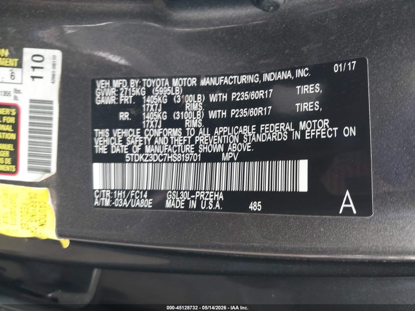 2017 Toyota Sienna VIN 5TDKZ3DC7HS819701 IAAI salvage auction — FRONT END, Salvage Title, sold $25 on 2026-07-22 (photo 9)