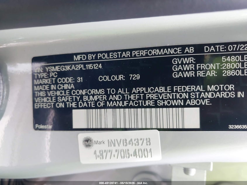 2023 Polestar 2 VIN YSMEG3KA2PL115124 IAAI salvage auction — REAR END, Salvage Certificate (California), sold $5,300 on 2026-07-24 (photo 9)