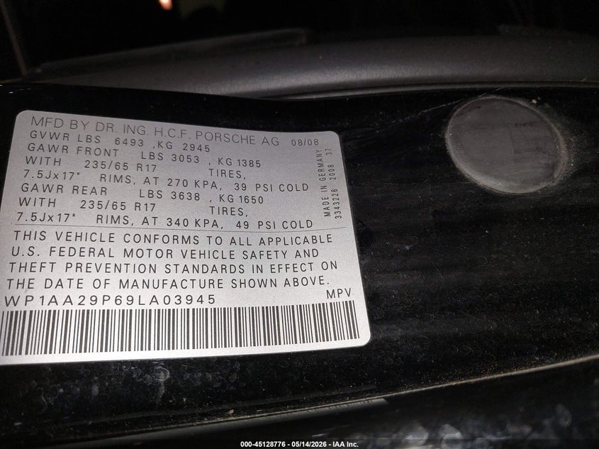 2009 Porsche Cayenne VIN WP1AA29P69LA03945 IAAI salvage auction — FRONT END, Salvage (Oregon), sold $550 on 2026-07-30 (photo 9)