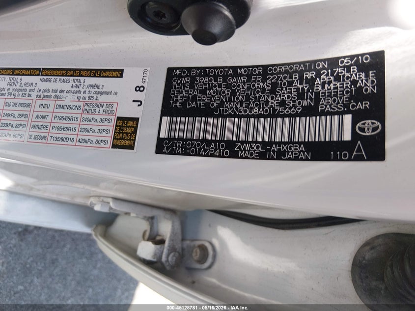 2010 Toyota Prius VIN JTDKN3DU8A0175669 IAAI salvage auction — NORMAL WEAR, Clear (Missouri), sold $25 on 2026-07-23 (photo 9)