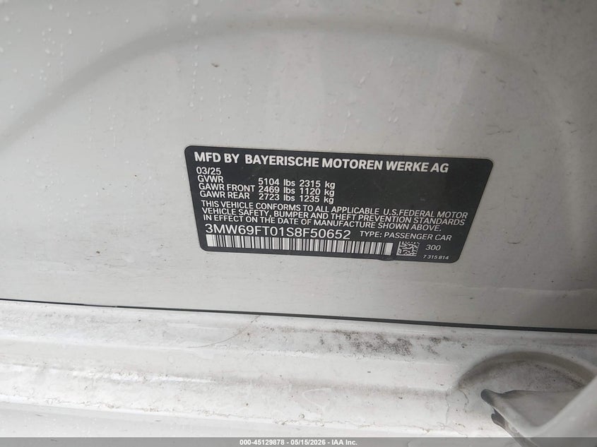 2025 BMW 3er VIN 3MW69FT01S8F50652 IAAI salvage auction — FRONT END, Salvage (New Hampshire), sold $27,500 on 2026-08-29 (photo 9)