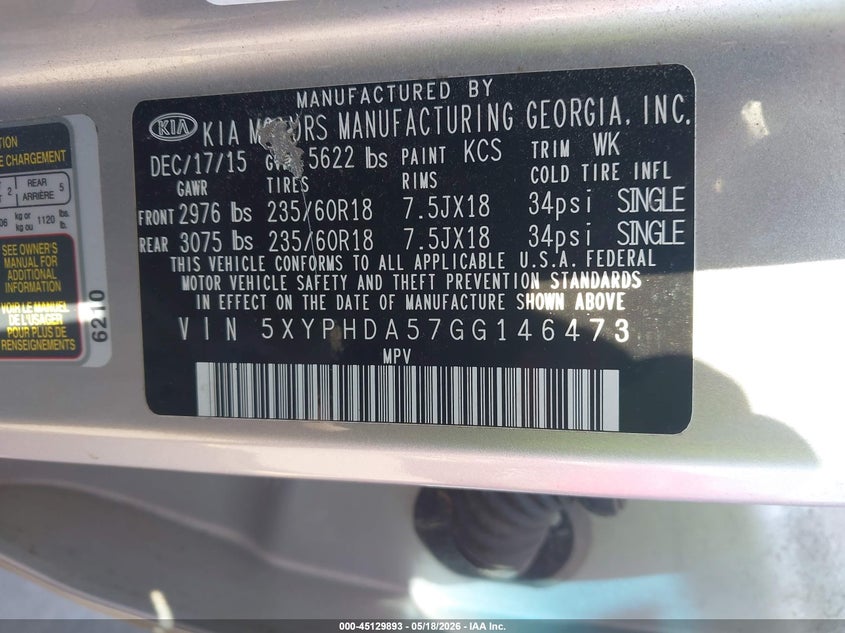 2016 Kia Sorento VIN 5XYPHDA57GG146473 IAAI salvage auction — NORMAL WEAR, Bill Of Sale - Parts Only (Connecticut), sold $1,000 on 2026-07-30 (photo 9)
