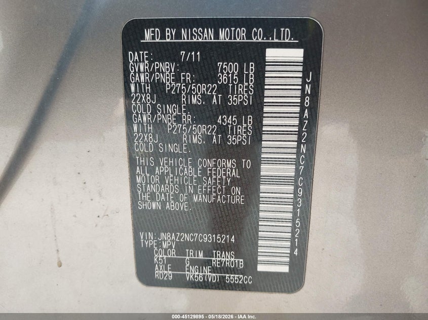 2012 Infiniti Qx56 VIN JN8AZ2NC7C9315214 IAAI salvage auction — RIGHT SIDE, Salvage (Idaho), sold $1,000 on 2026-07-22 (photo 9)