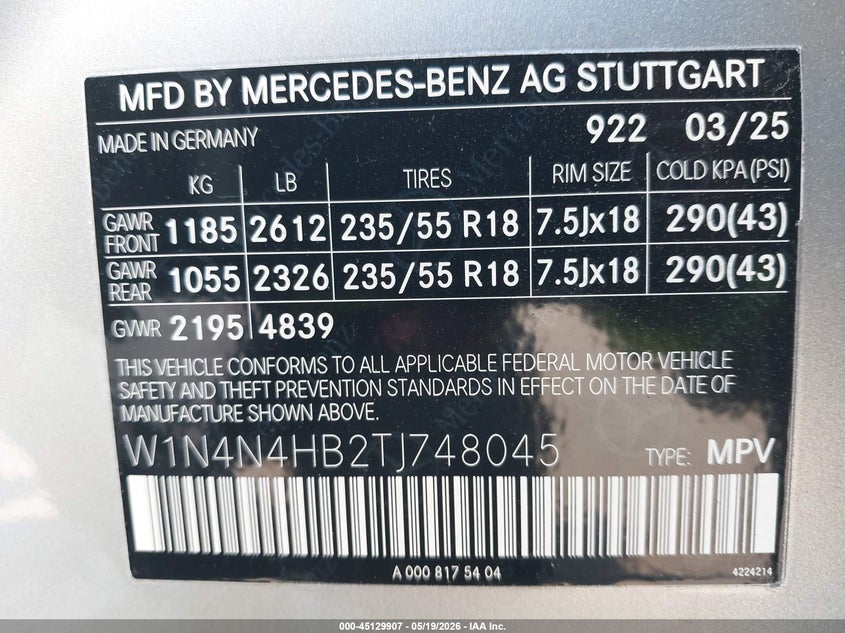 2026 Mercedes-benz Gla-klasse VIN W1N4N4HB2TJ748045 IAAI salvage auction — FRONT END, Salvage - Greater Than 75% (Maryland), sold $16,600 on 2026-07-11 (photo 9)