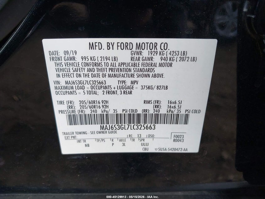 2020 Ford Ecosport VIN MAJ6S3GL7LC325663 IAAI salvage auction — FRONT END, Salvage (Idaho), sold $1,050 on 2026-07-15 (photo 9)