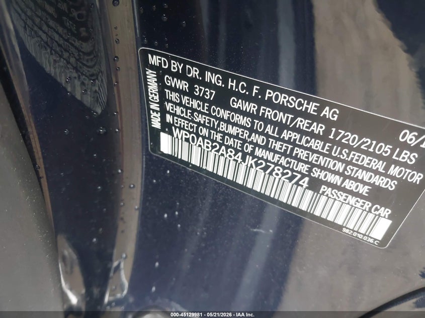 2018 Porsche 718 cayman VIN WP0AB2A84JK278274 IAAI salvage auction — REAR END, Salvage (Georgia), sold $26,075 on 2026-07-06 (photo 9)