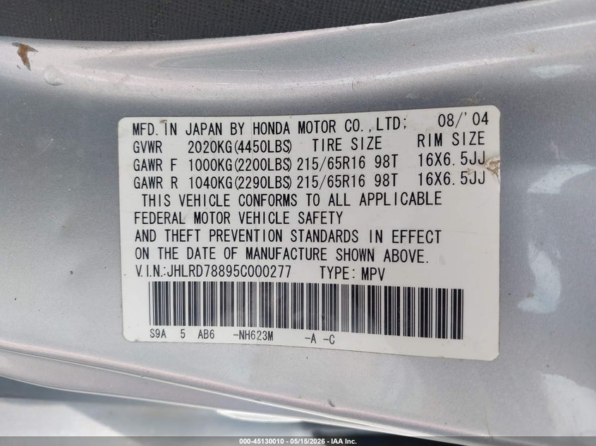 2005 Honda Cr-v VIN JHLRD78895C000277 IAAI salvage auction — FRONT END, Salvage (Missouri), sold $25 on 2026-07-21 (photo 9)