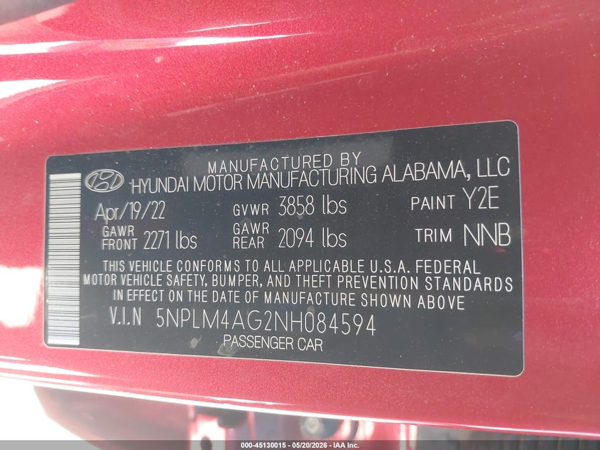 2022 Hyundai Elantra VIN 5NPLM4AG2NH084594 IAAI salvage auction — FRONT END, Salvage (California), sold $1,550 on 2026-07-15 (photo 9)