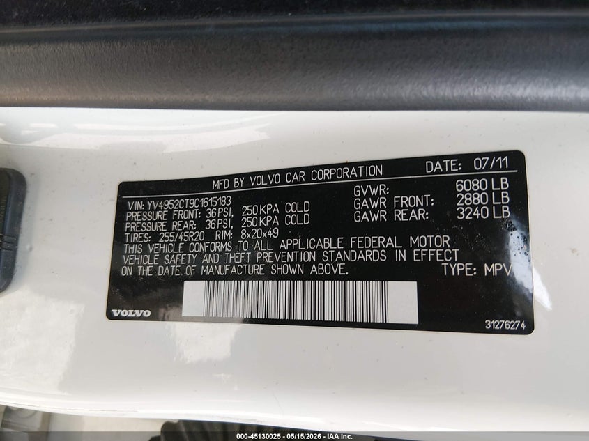 2012 Volvo Xc90 VIN YV4952CT9C1615183 IAAI salvage auction — RIGHT REAR, Salvage (Kentucky), sold $325 on 2026-07-29 (photo 9)