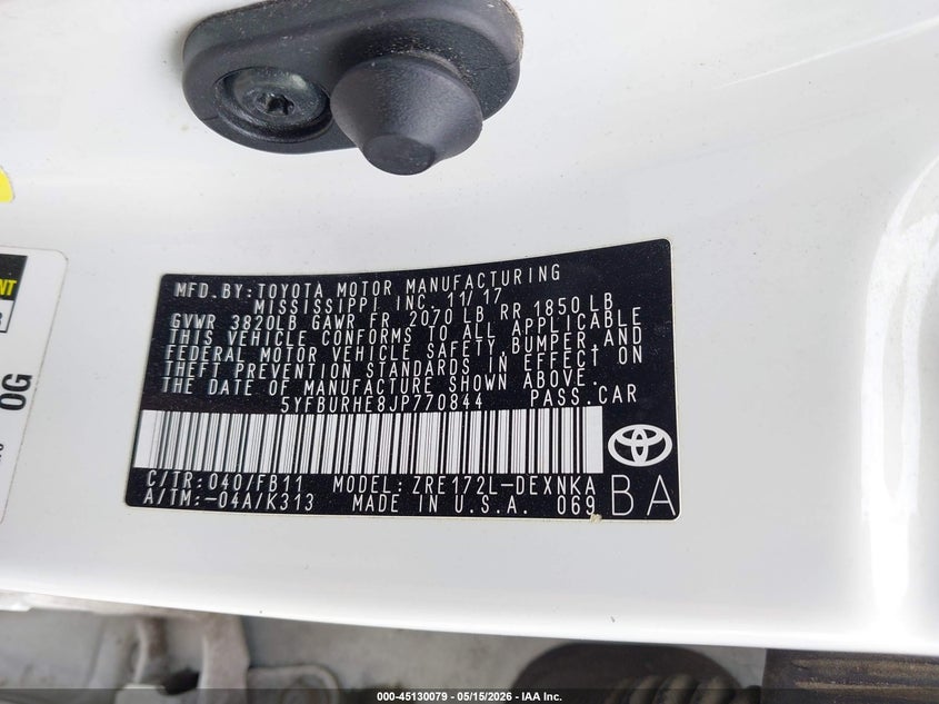 2018 Toyota Corolla VIN 5YFBURHE8JP770844 IAAI salvage auction — FRONT & REAR, Salvage (Texas), sold $1,900 on 2026-07-14 (photo 9)