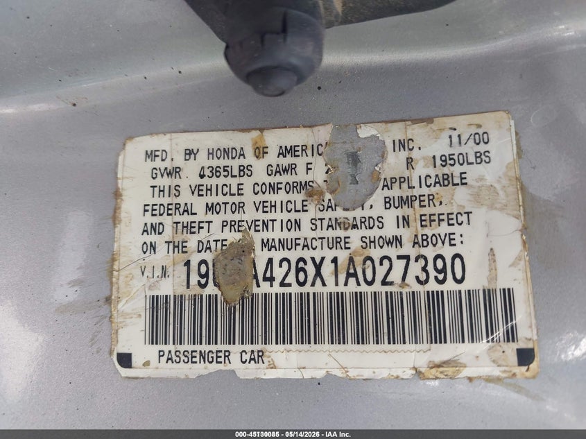 2001 Acura Cl VIN 19UYA426X1A027390 IAAI salvage auction — LEFT FRONT, Salvage (Idaho), sold $225 on 2026-07-08 (photo 9)