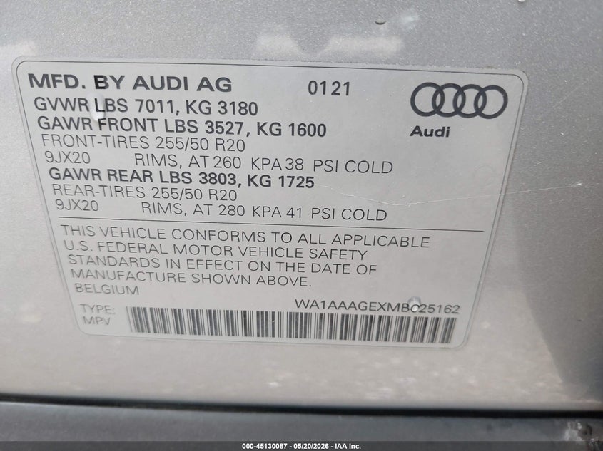 2021 Audi E-tron VIN WA1AAAGEXMB025162 IAAI salvage auction — REAR END, Salvage Title, sold $15,100 on 2026-07-23 (photo 9)