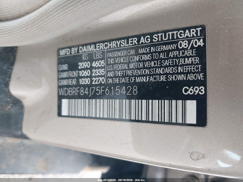 2005 Mercedes-benz C class VIN WDBRF84J75F615428 IAAI salvage auction — REAR END, Salvage (New Jersey), sold $400 on 2026-08-14 (photo 9)