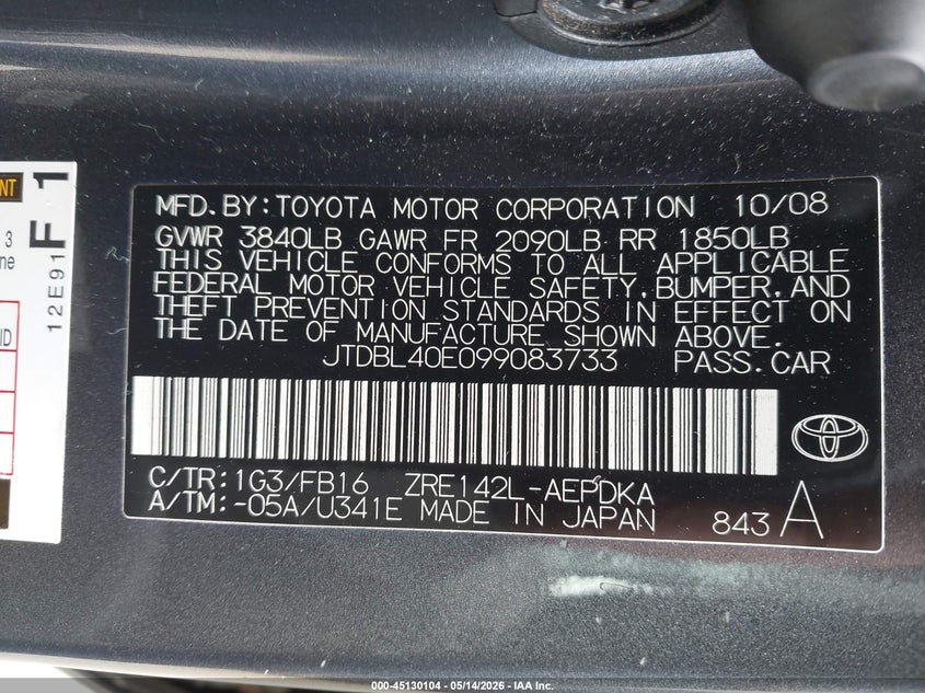 2009 Toyota Corolla VIN JTDBL40E099083733 IAAI salvage auction — FRONT END, Salvage (Maine), sold $1,700 on 2026-07-13 (photo 9)