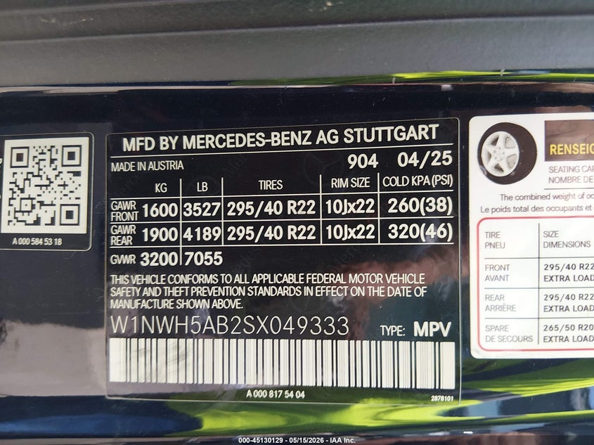 2025 Mercedes-benz G-class VIN W1NWH5AB2SX049333 IAAI salvage auction — UNKNOWN, Salvage (Texas), sold $45,750 on 2026-07-28 (photo 9)