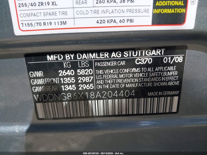 2008 Mercedes-benz S-klasse VIN WDDNG86X18A204404 IAAI salvage auction — NORMAL WEAR, Salvage (Texas), sold $475 on 2026-07-22 (photo 9)