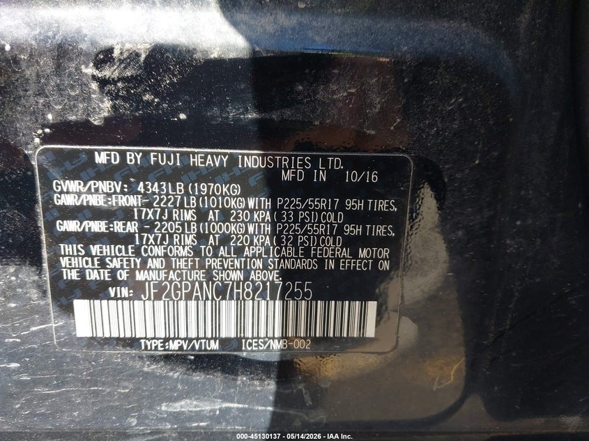 2017 Subaru Xv VIN JF2GPANC7H8217255 IAAI salvage auction — EXTERIOR BURN, Scrap (Michigan), sold $100 on 2026-07-13 (photo 9)