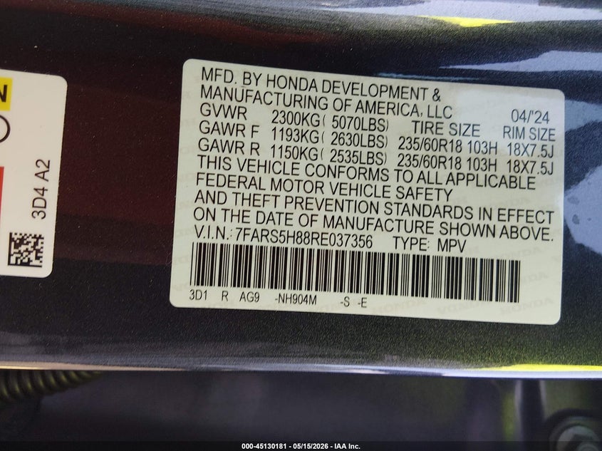 2024 Honda Cr-v VIN 7FARS5H88RE037356 IAAI salvage auction — LEFT FRONT, Rebuildable (Florida), sold $8,150 on 2026-07-19 (photo 9)