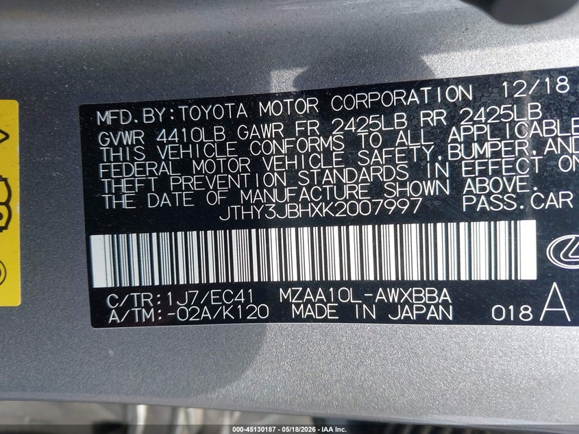2019 Lexus Ux VIN JTHY3JBHXK2007997 IAAI salvage auction — FRONT END, Salvage (Georgia), sold $4,200 on 2026-07-29 (photo 9)