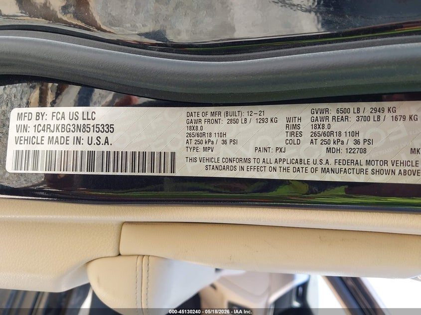 2022 Jeep Grand cherokee VIN 1C4RJKBG3N8515335 IAAI salvage auction — FRONT & REAR, Salvage Title, sold $6,800 on 2026-07-11 (photo 9)