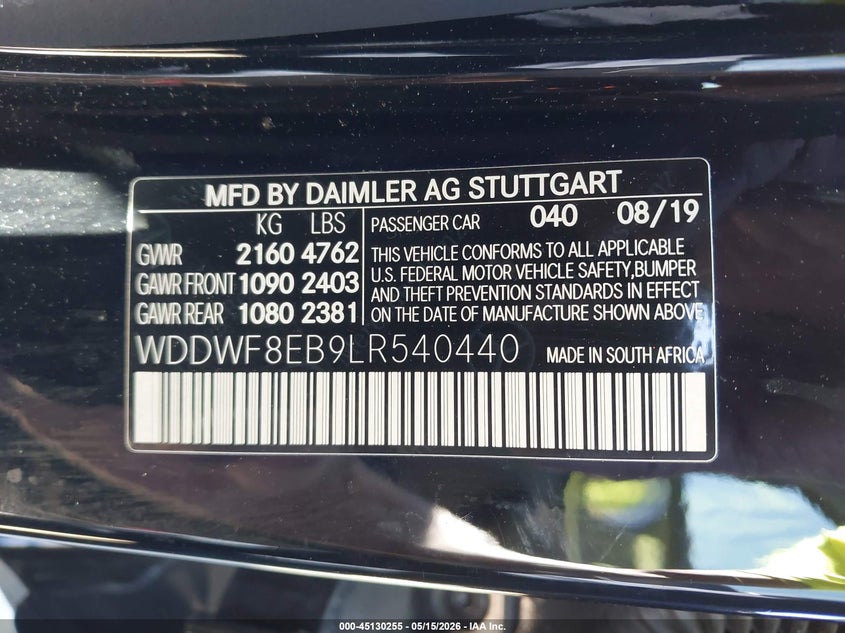 2020 Mercedes-benz C-klasse VIN WDDWF8EB9LR540440 IAAI salvage auction — ROLLOVER, Salvage (North Carolina), sold $4,200 on 2026-08-17 (photo 9)