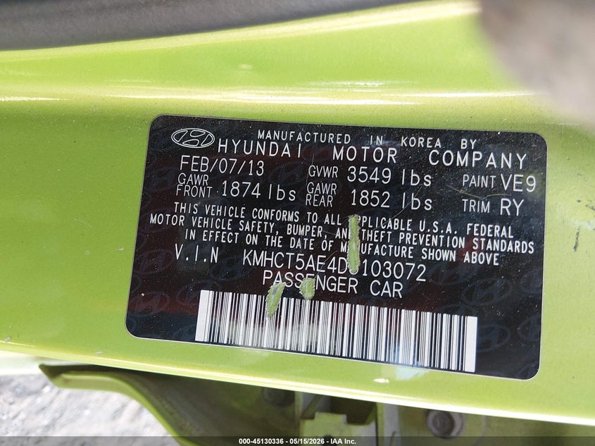 2013 Hyundai Accent VIN KMHCT5AE4DU103072 IAAI salvage auction — RIGHT FRONT, Clear (Tennessee), sold $300 on 2026-07-09 (photo 9)