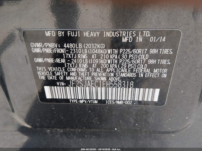 2014 Subaru Forester VIN JF2SJAEC1EH558318 IAAI salvage auction — LEFT & RIGHT, Salvage (South Carolina), sold $375 on 2026-07-08 (photo 9)