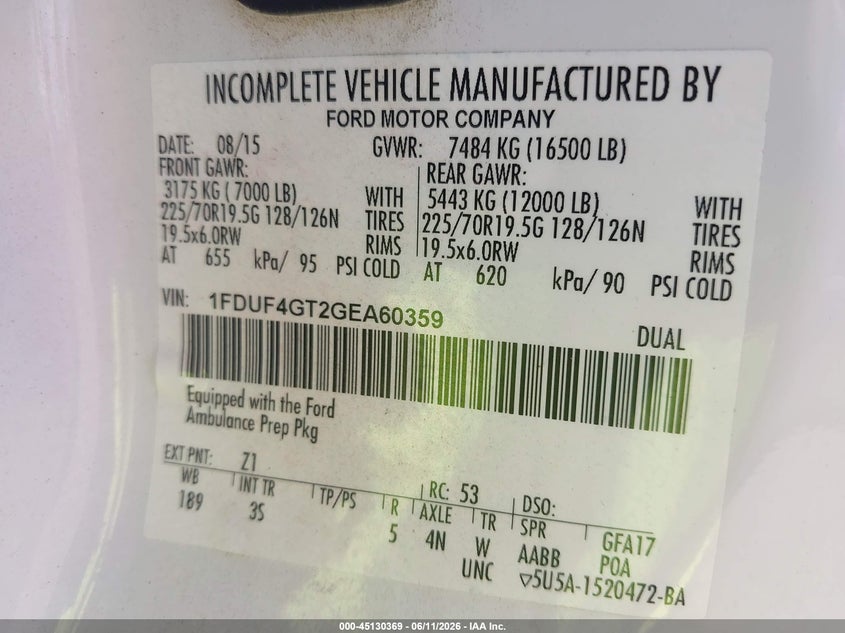 2016 Ford F-450 VIN 1FDUF4GT2GEA60359 IAAI salvage auction — NORMAL WEAR, Sf97 (Mississippi), sold $26,000 on 2026-08-13 (photo 9)