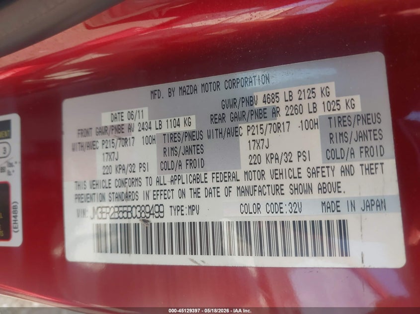 2011 Mazda Cx-7 VIN JM3ER2B55B0389499 IAAI salvage auction — FRONT END, Original (Texas), sold $800 on 2026-07-22 (photo 9)