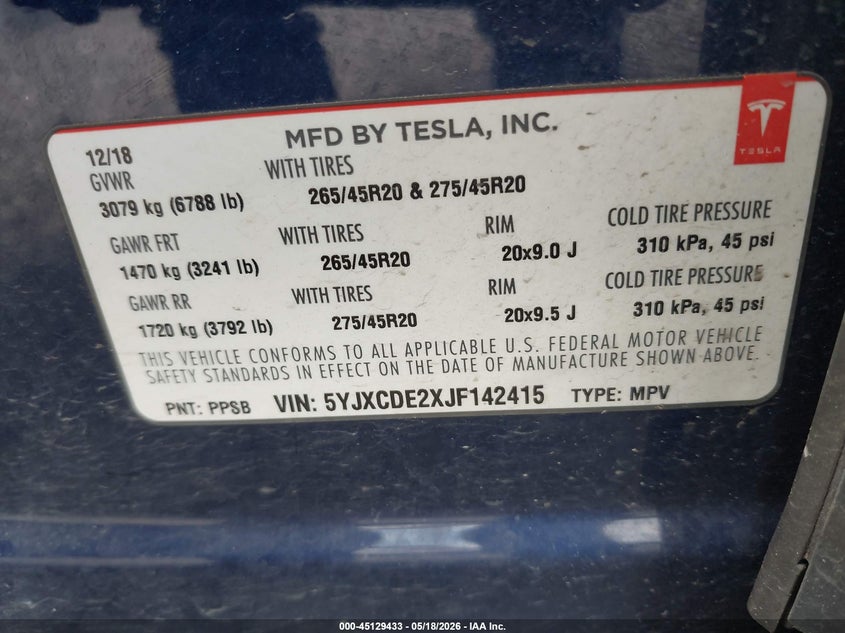 2018 Tesla Model x VIN 5YJXCDE2XJF142415 IAAI salvage auction — RIGHT FRONT, Bill Of Sale (Washington), sold $4,350 on 2026-07-09 (photo 9)