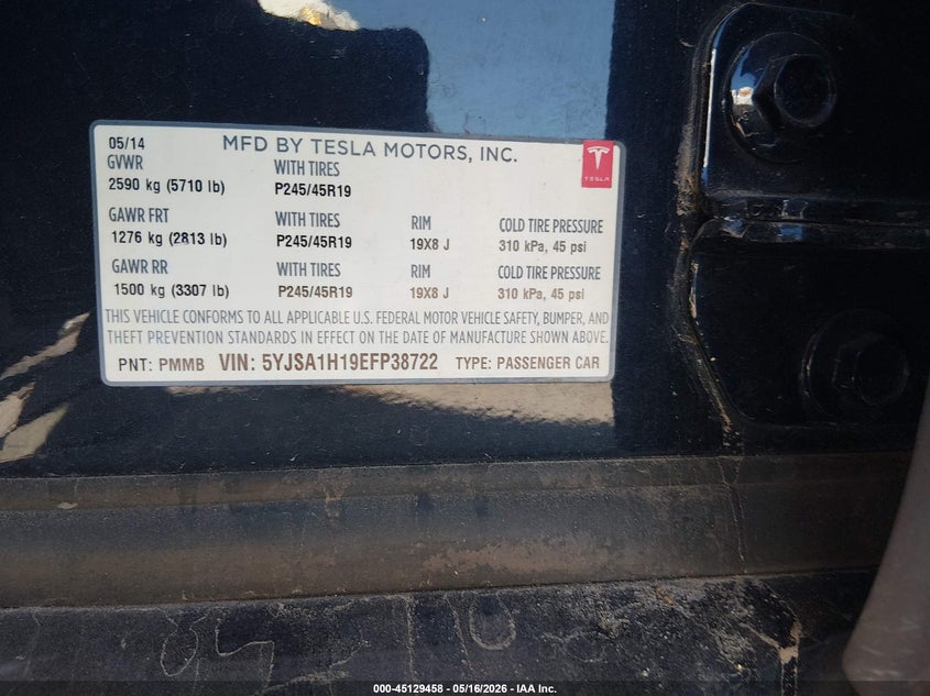 2014 Tesla Model s VIN 5YJSA1H19EFP38722 IAAI salvage auction — FRONT END, Clear (Arizona), sold $1,850 on 2026-07-09 (photo 9)