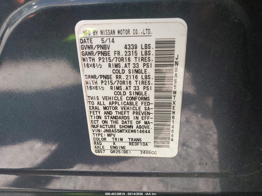 2014 Nissan Rogue VIN JN8AS5MTXEW614644 IAAI salvage auction — SIDE, Repossession Paperwork (Georgia), sold $375 on 2026-07-24 (photo 9)