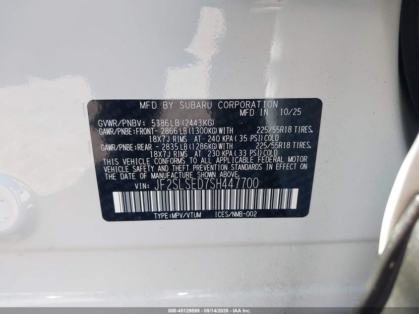 2025 Subaru Forester VIN JF2SLSED7SH447700 IAAI salvage auction — FRONT & REAR, Salvage (New Jersey), sold $7,500 on 2026-07-07 (photo 9)