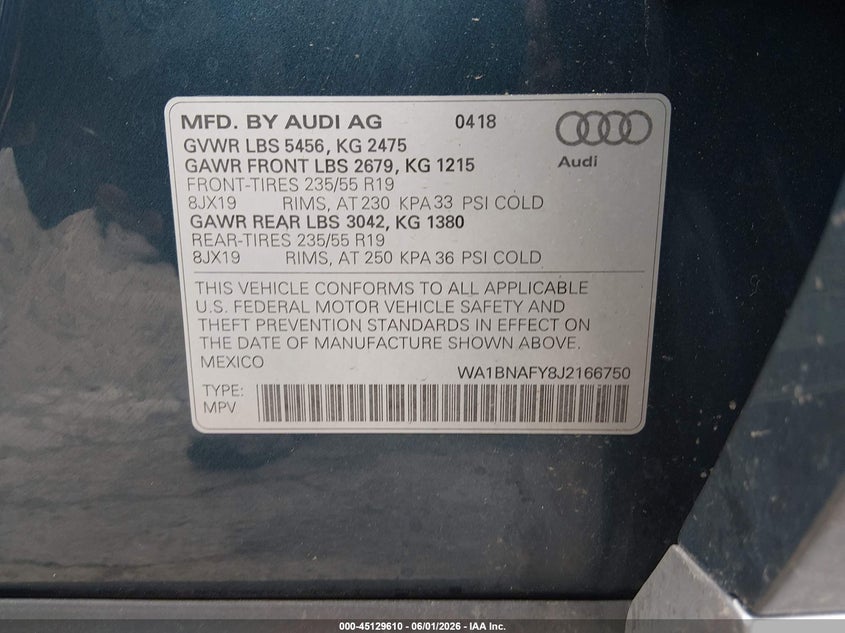 2018 Audi Q5 VIN WA1BNAFY8J2166750 IAAI salvage auction — REAR END, Salvage (Massachusetts), sold $7,600 on 2026-07-29 (photo 9)