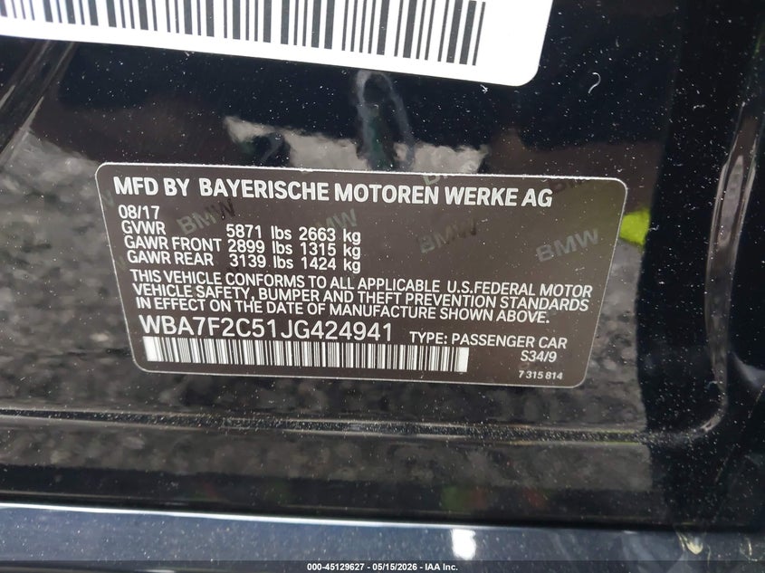 2018 BMW 7er VIN WBA7F2C51JG424941 IAAI salvage auction — RIGHT FRONT, Mv-907A (New York), sold $8,325 on 2026-07-14 (photo 9)